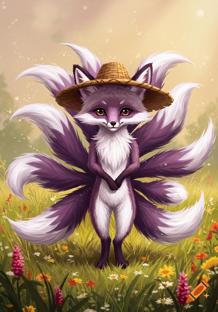 A cute purple and white nine-tailed fox wearing a straw hat stands in a grassy field with flowers.