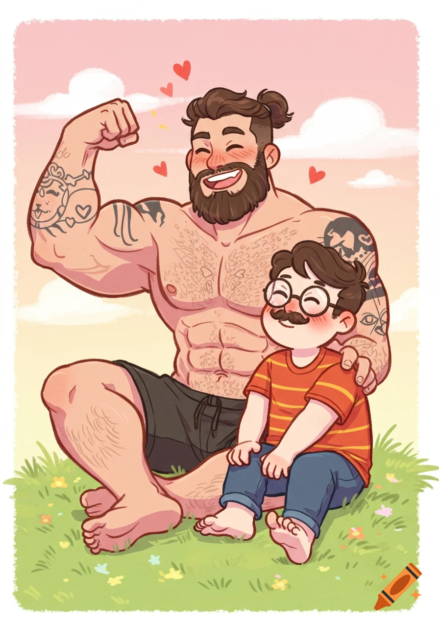 A cute pastel cartoon shows a muscular, bearded man flexing his arm next to a smaller man with glasses and a mustache, sitting on grass under a pink sky.