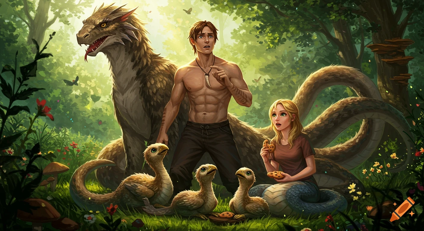 An oil painting of a shirtless man, a woman with a serpentine lower body offering cookies to small bird-like serpent creatures, and a large beast in a vibrant forest clearing.