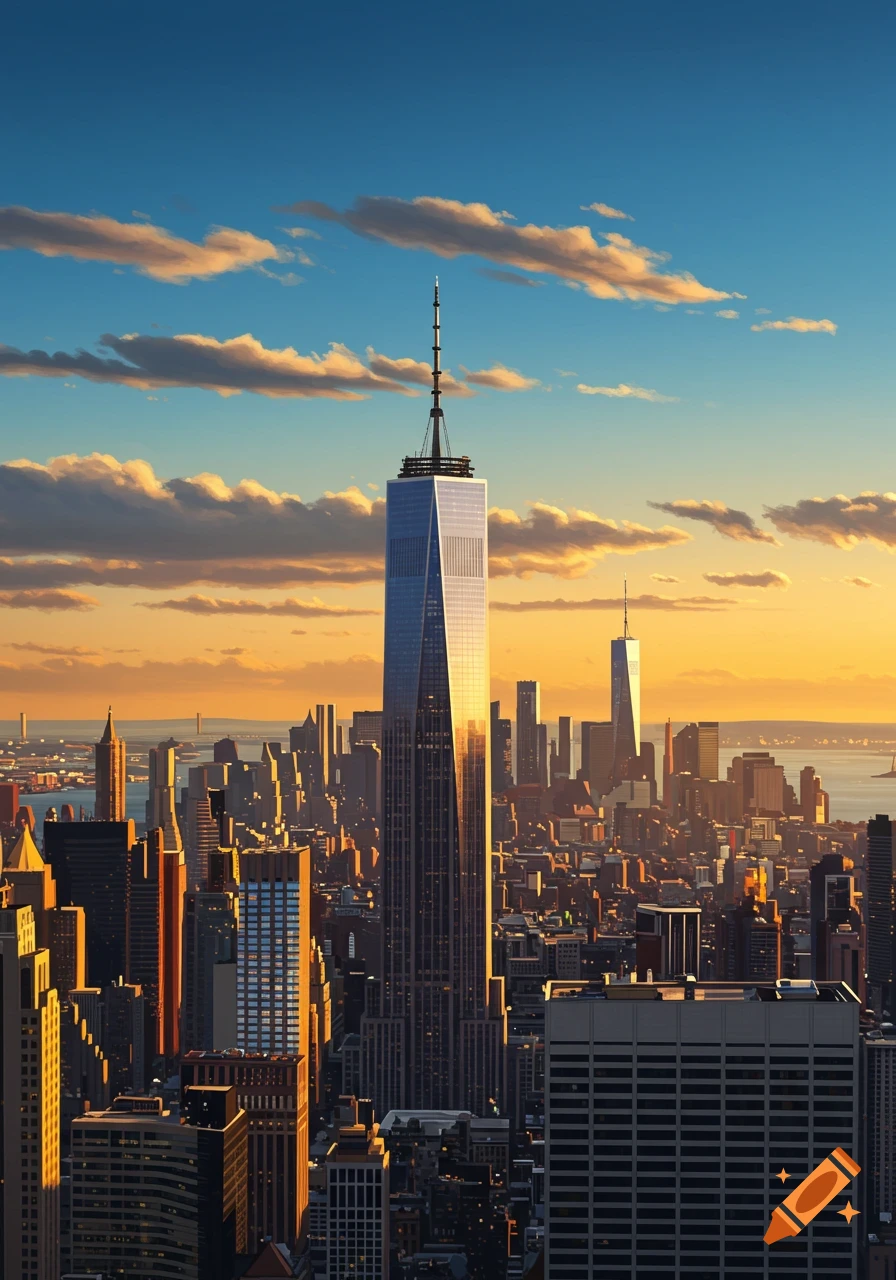 Photorealistic aerial view of the New York City skyline at sunset, with One World Trade Center prominently centered.