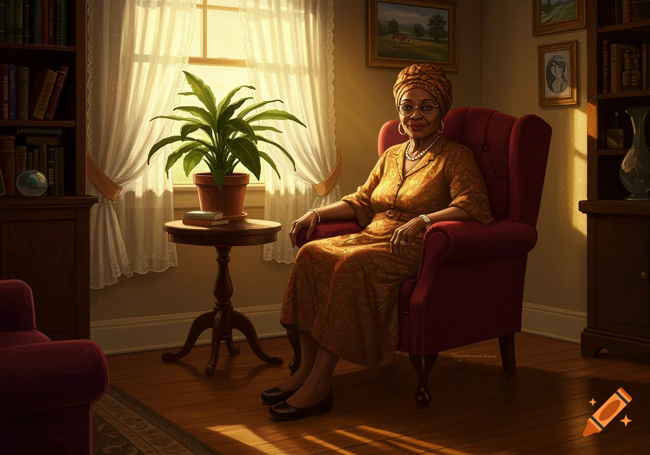 An elderly Black woman in an orange patterned dress sits in a red armchair in a sunlit room, with a bookshelf and a plant nearby.
