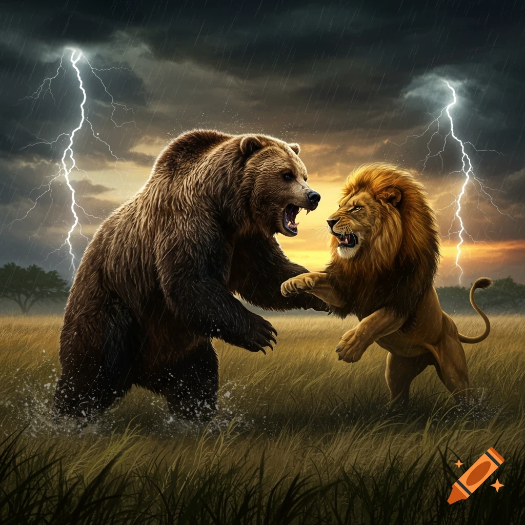 A photorealistic image of a large grizzly bear and a lion roaring and fighting in a stormy, rainy grassy field with lightning.