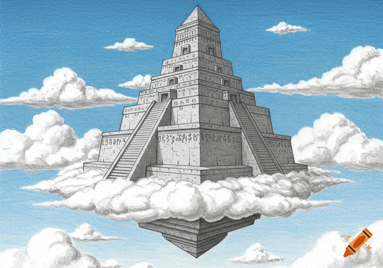 An inverted ziggurat structure floats among clouds in a blue sky, rendered in a detailed pencil drawing style.