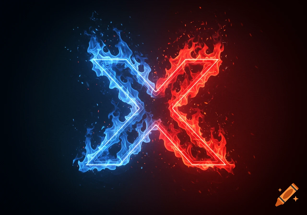 A fiery X-shaped symbol, half in blue flames on the left and half in red flames on the right, against a dark background.