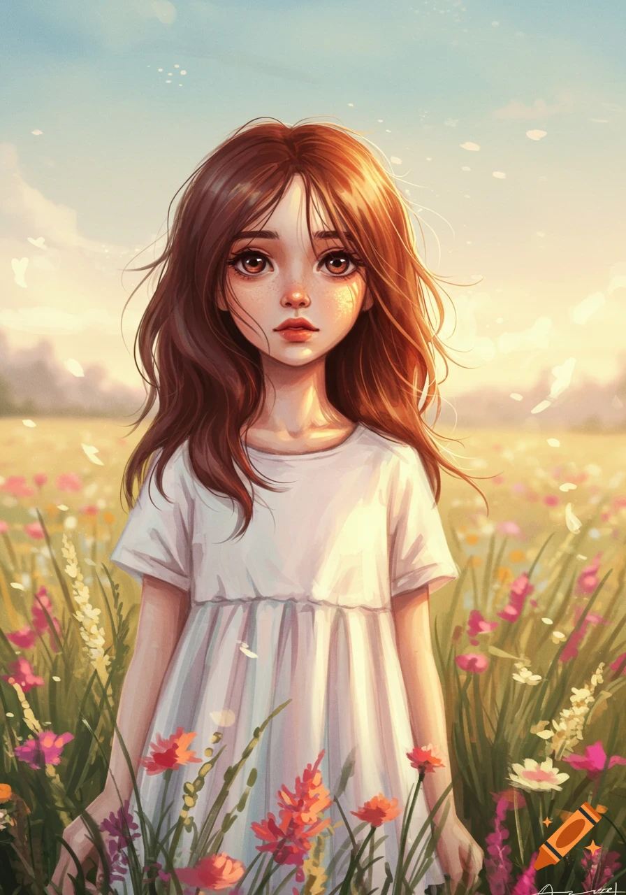 A brown-haired girl with a pale complexion stands in a sunlit field of colorful wildflowers in a digital art style.
