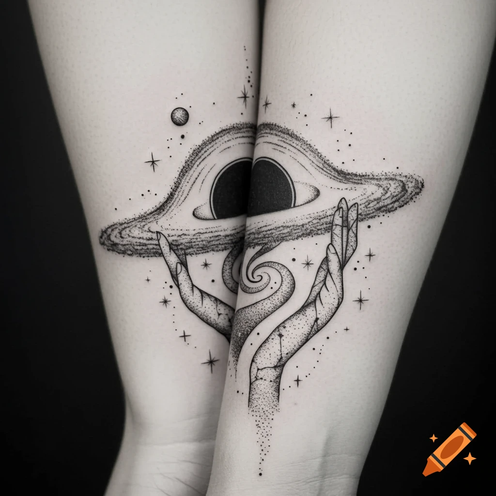 Black and white dot work tattoo on two limbs, showing hands holding a swirling galaxy and black hole with stars and a planet.