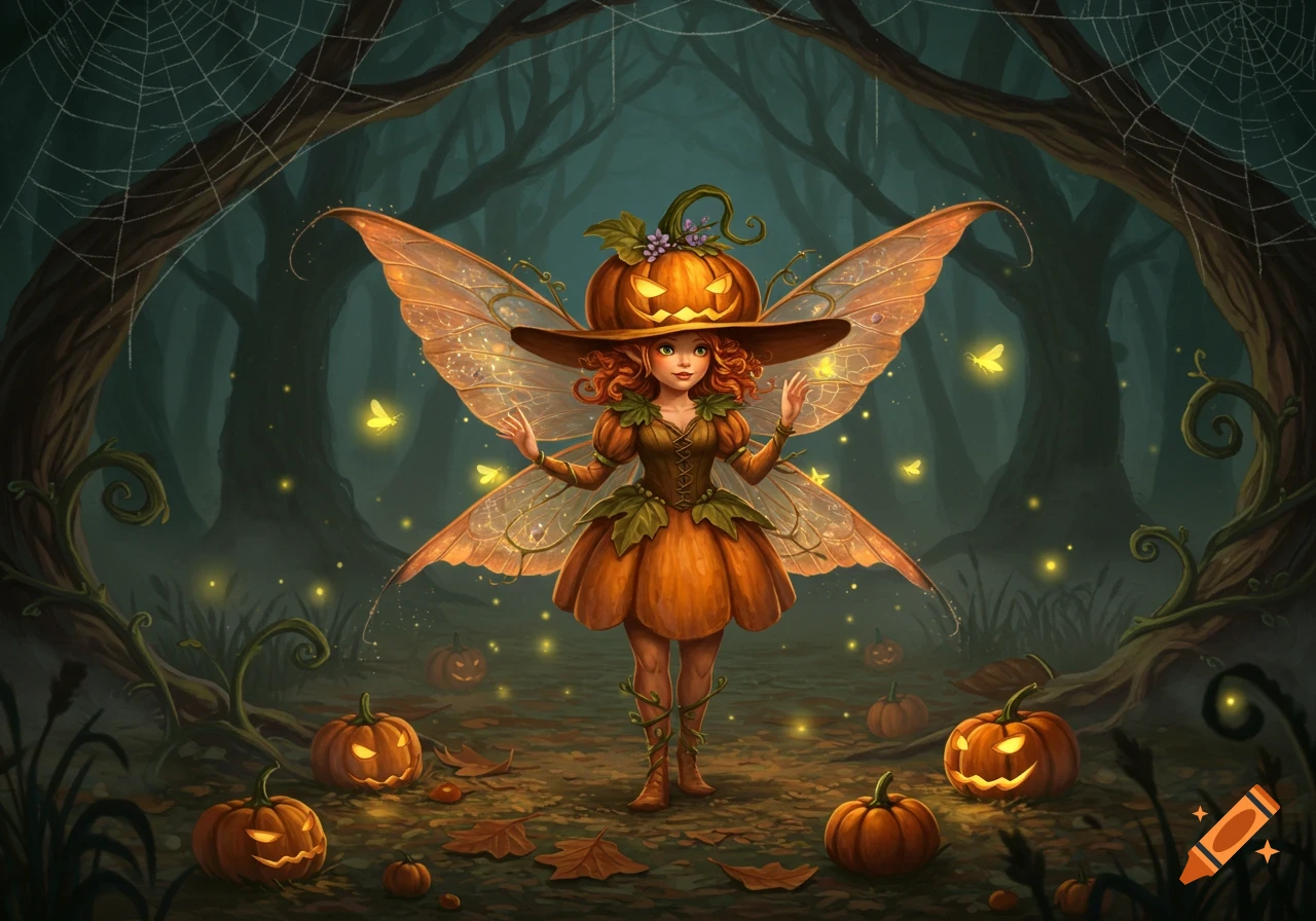 A whimsical fairy with pumpkin wings and a jack-o'-lantern hat stands in a misty, dark forest surrounded by carved pumpkins.