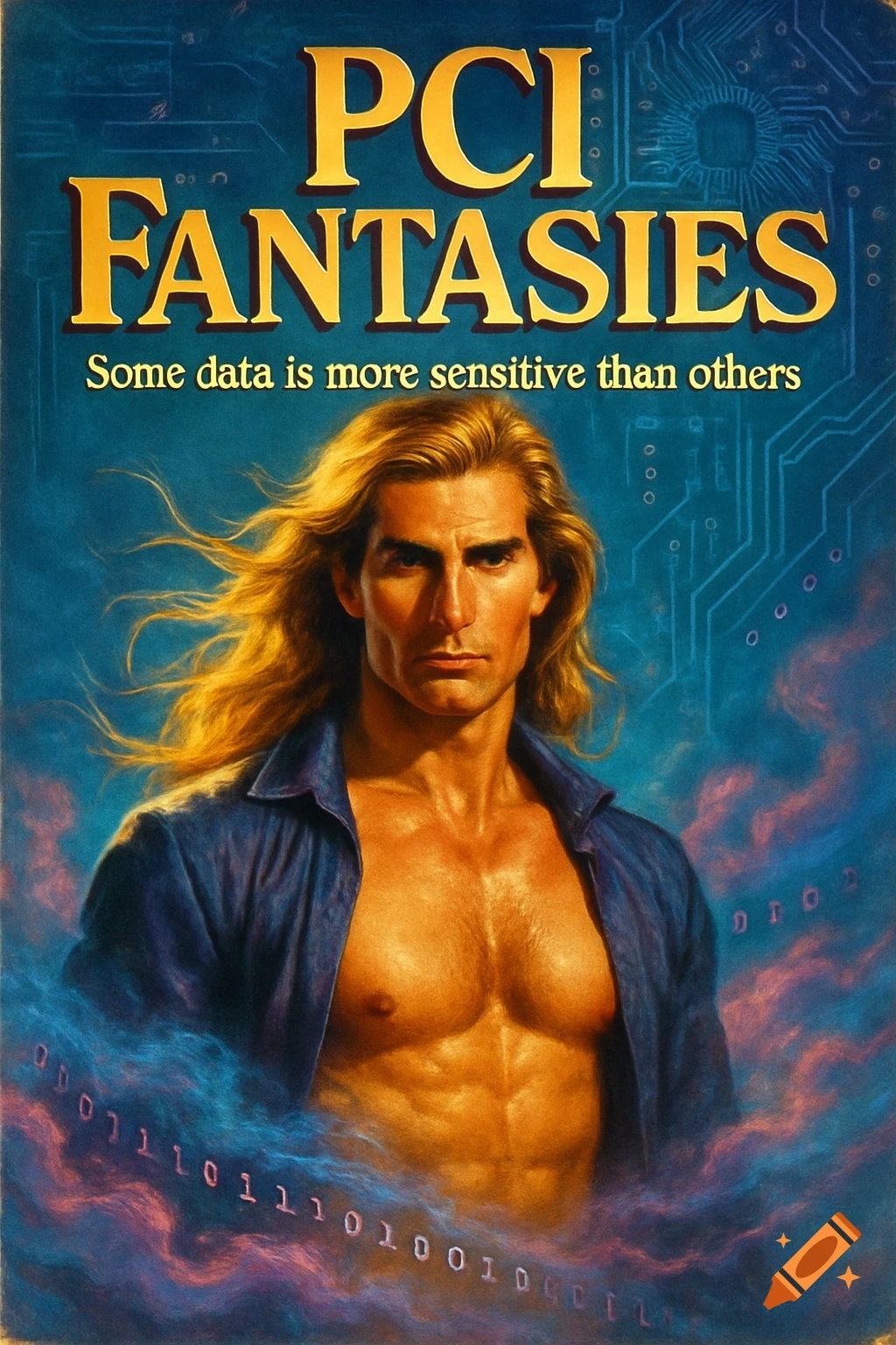 A man with long blonde hair and a bare chest in an open blue shirt, set against a blue circuit board background with binary code, styled as a 1980s romance novel cover titled "PCI FANTASIES" with the subhead "Some data is more sensitive than others."