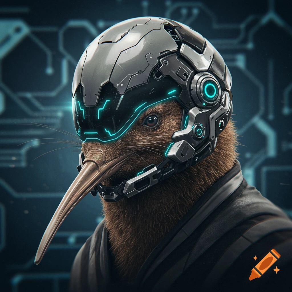 A close-up of a kiwi bird wearing a detailed, futuristic grey helmet with glowing blue lights, set against a blurred circuit board background.