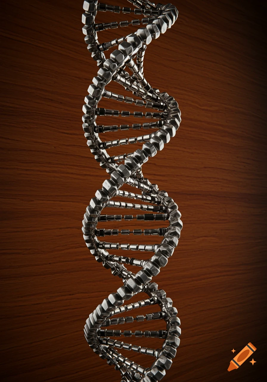 A metallic DNA helix, resembling gears, stands upright against a dark wood background.