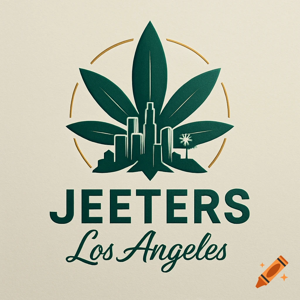 Logo featuring a green cannabis leaf with a Los Angeles cityscape silhouette and text 'JEETERS Los Angeles'.