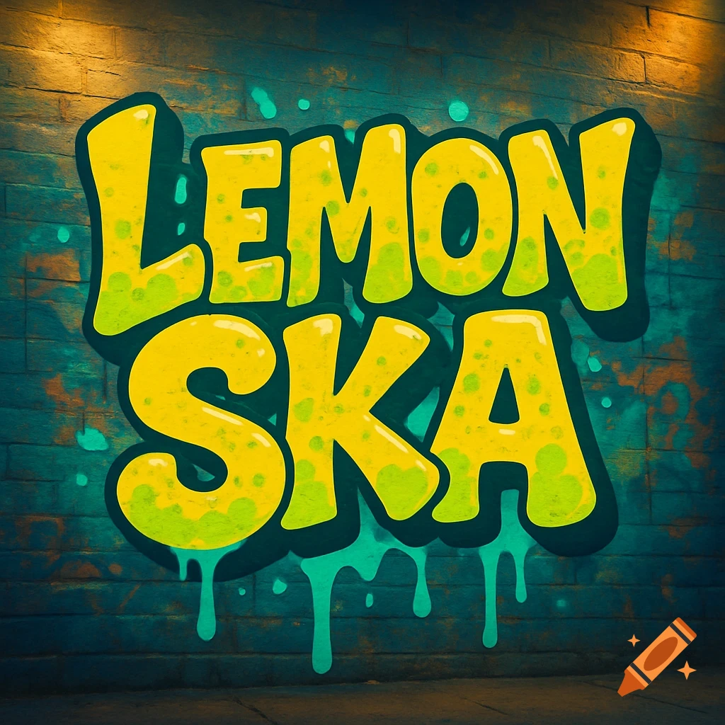 Yellow and green bubble letters spelling 'LEMON SKA' in graffiti style on a dark brick wall.