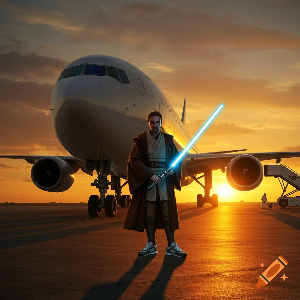 A Jedi Knight holding a blue lightsaber and wearing New Balance shoes stands on an airport tarmac in front of a large passenger plane at sunset.