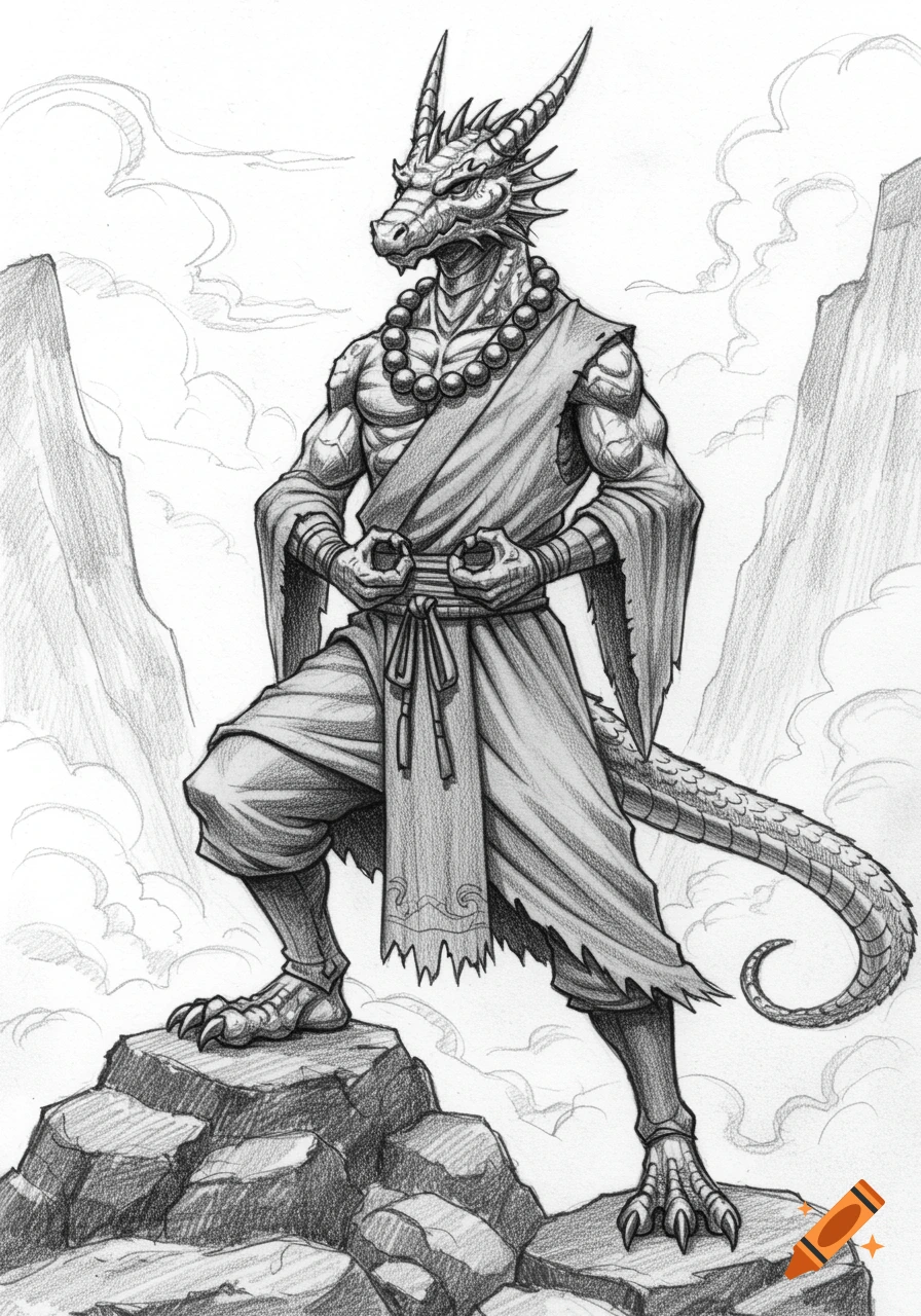 Pencil sketch of a muscly dragonborn monk in robes standing on rocks, hands in a meditative pose.