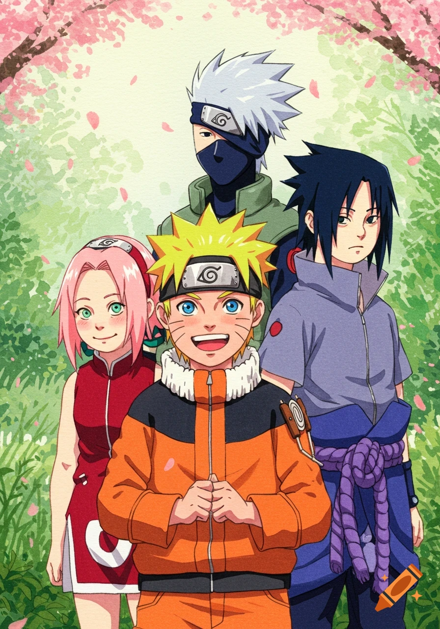 Team 7 from Naruto anime, including Naruto, Sakura, Sasuke, and Kakashi, standing in a forest with cherry blossoms, in a watercolor style.