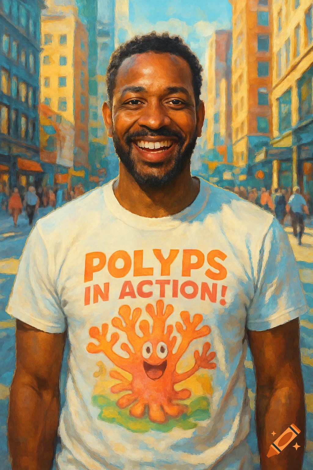 A smiling man wearing a white t-shirt with 'Polyps in Action!' and a cartoon coral stands on a city street in a painterly style.