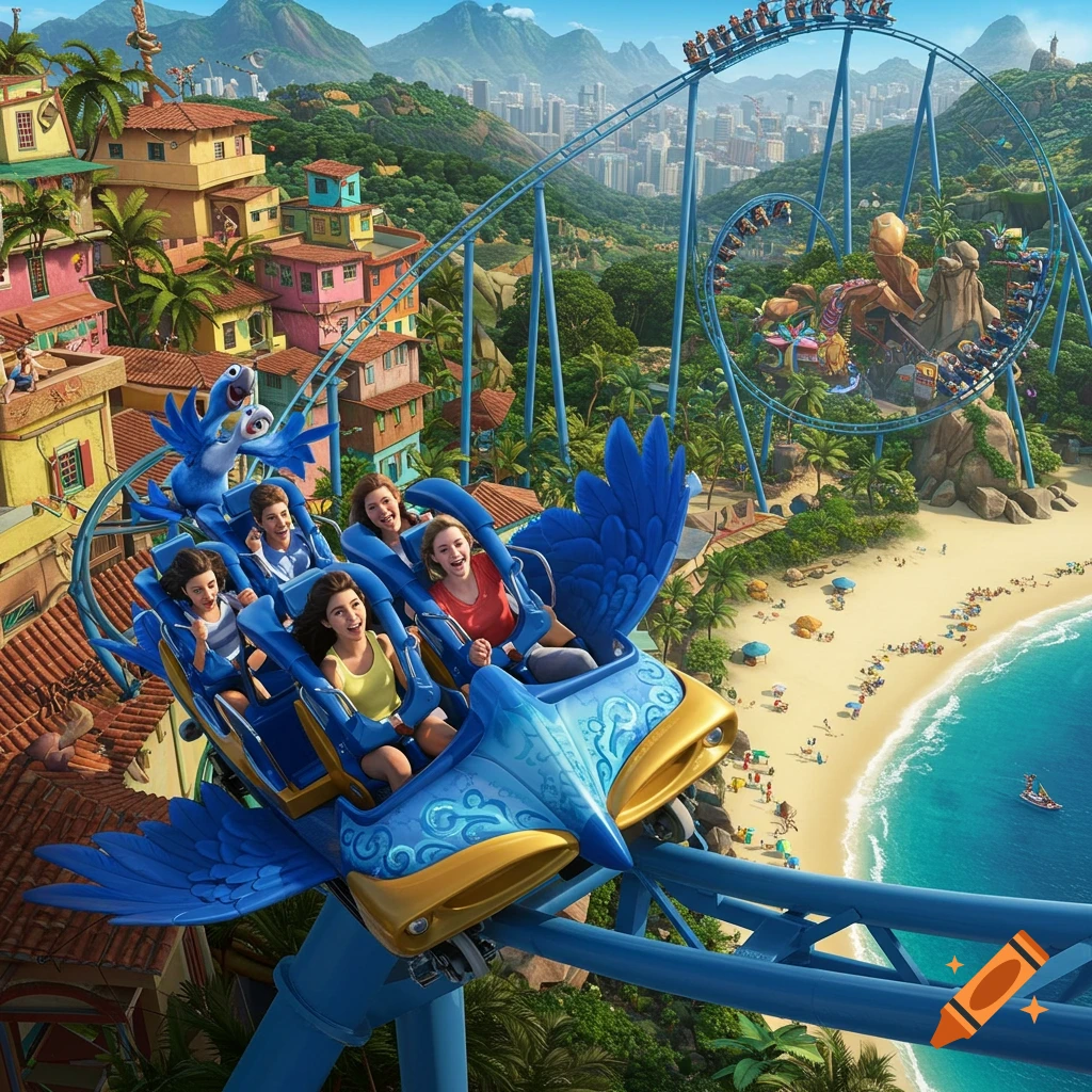 A vibrant cartoon-style roller coaster shaped like a blue bird soars above a colorful city and a sandy beach with people riding.