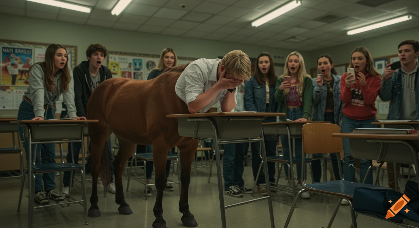 A blond centaur student cowers at his desk in a photorealistic high school classroom while other students gawk and take pictures.