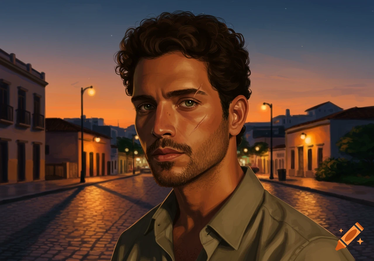 Digital illustration of a man with curly hair and facial scars on a cobblestone street at sunset.