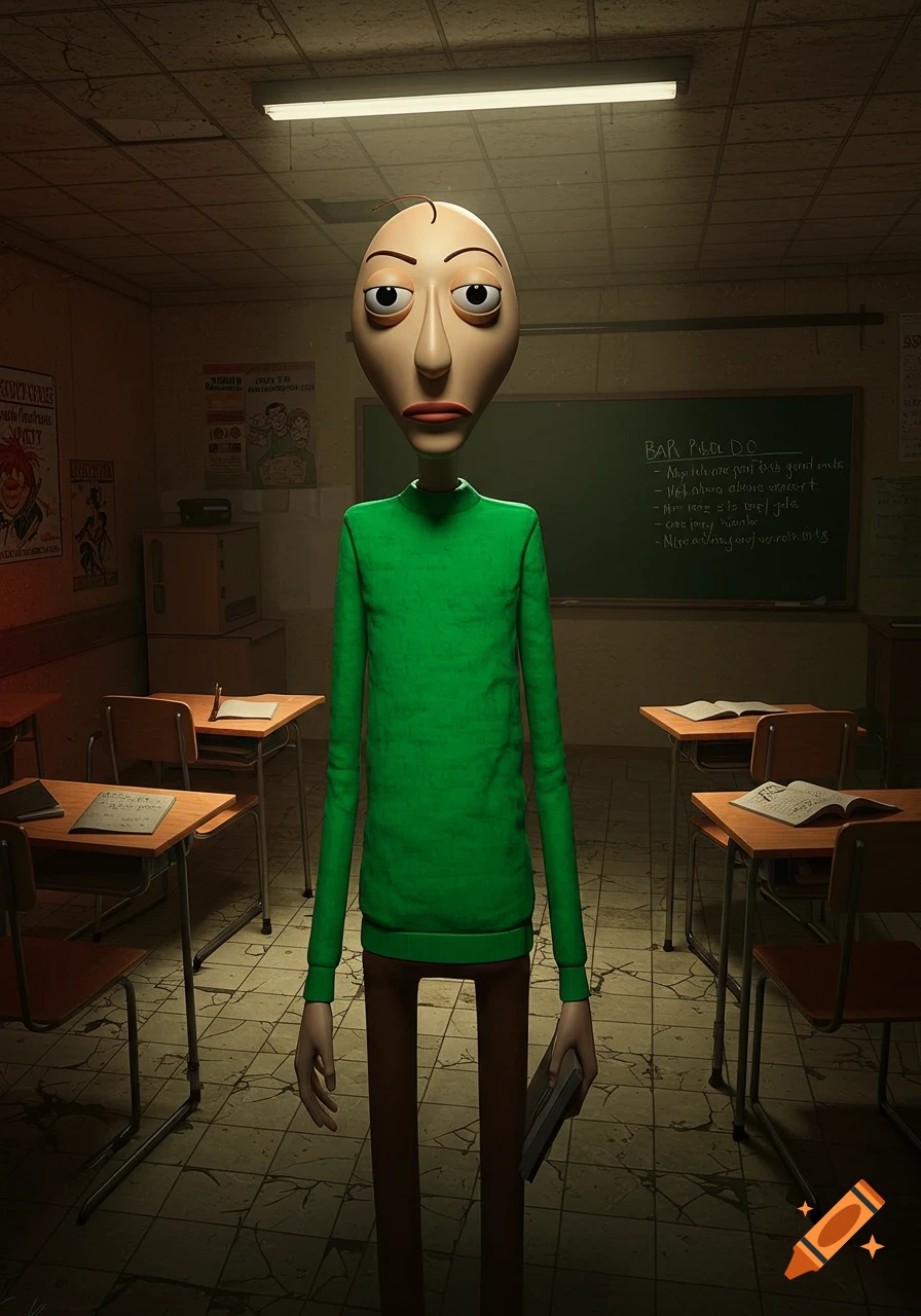 A bald, elongated, cartoonish character in a green sweater stands in a dimly lit classroom.