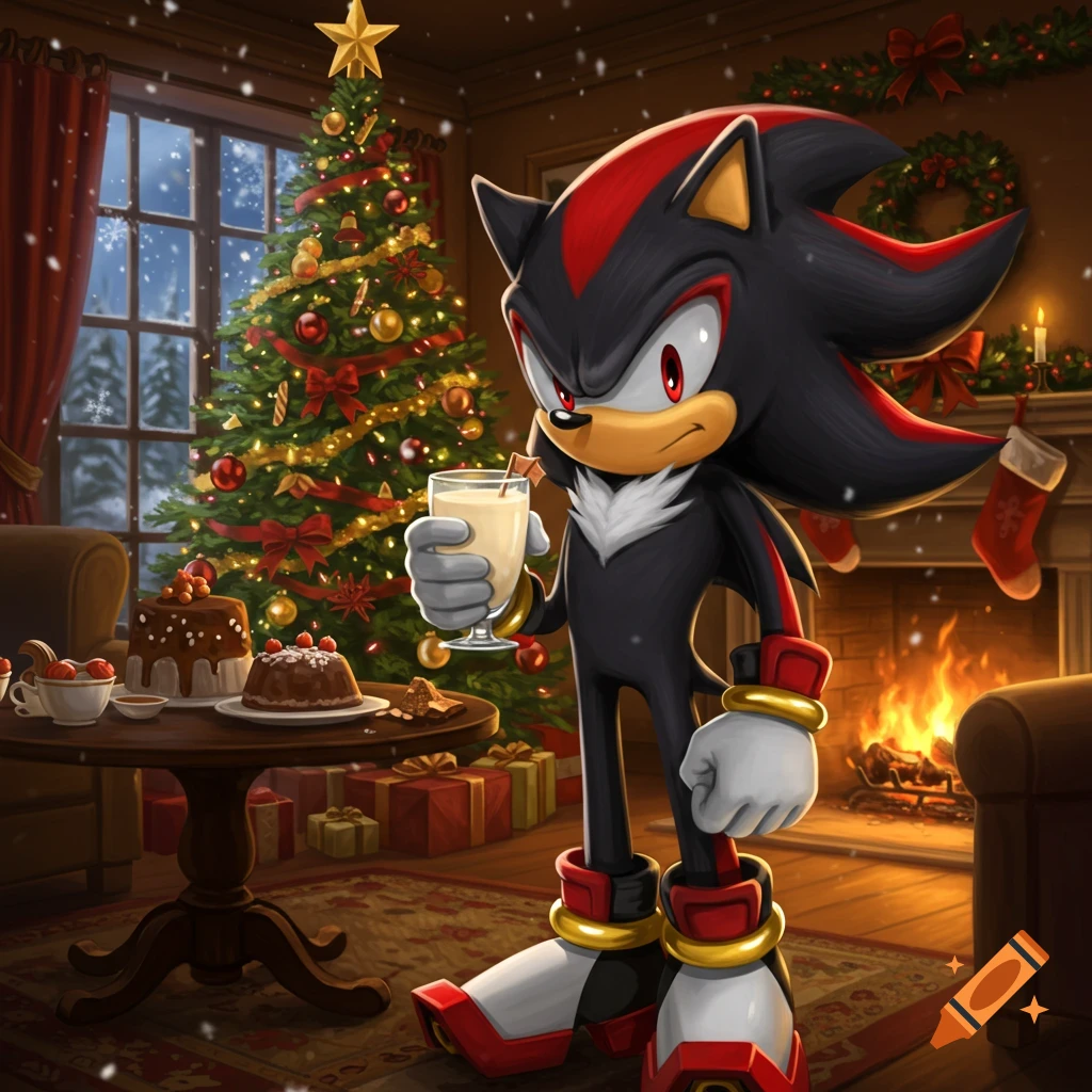 Shadow the Hedgehog holds eggnog in a cozy Christmas room with a decorated tree, presents, and fireplace, as snow falls outside.