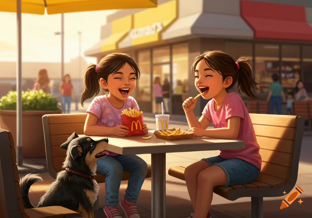 Two young girls and a black and tan dog happily eating french fries at an outdoor table at a fast-food restaurant.