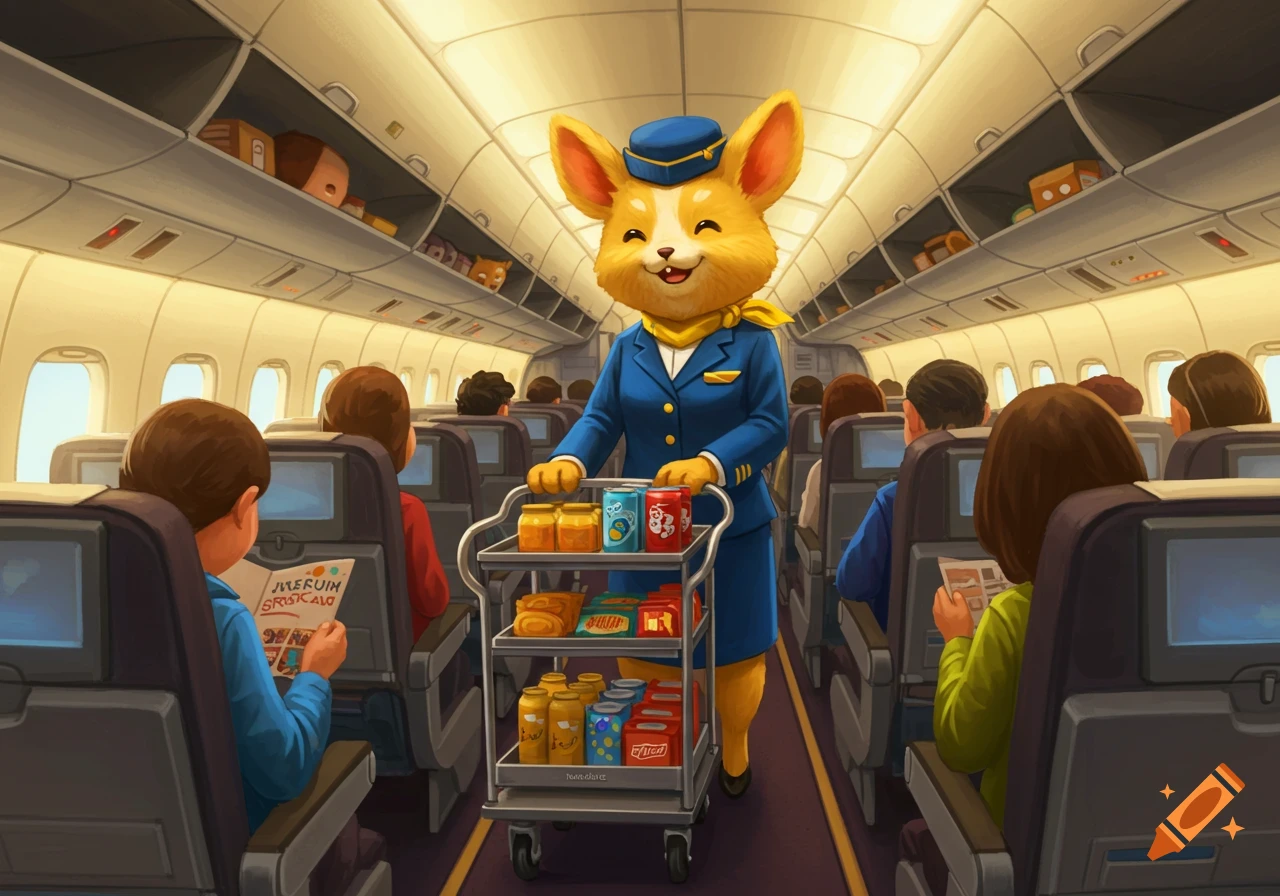A cheerful anthropomorphic fox flight attendant pushes a service trolley down the aisle of an airplane, serving passengers.