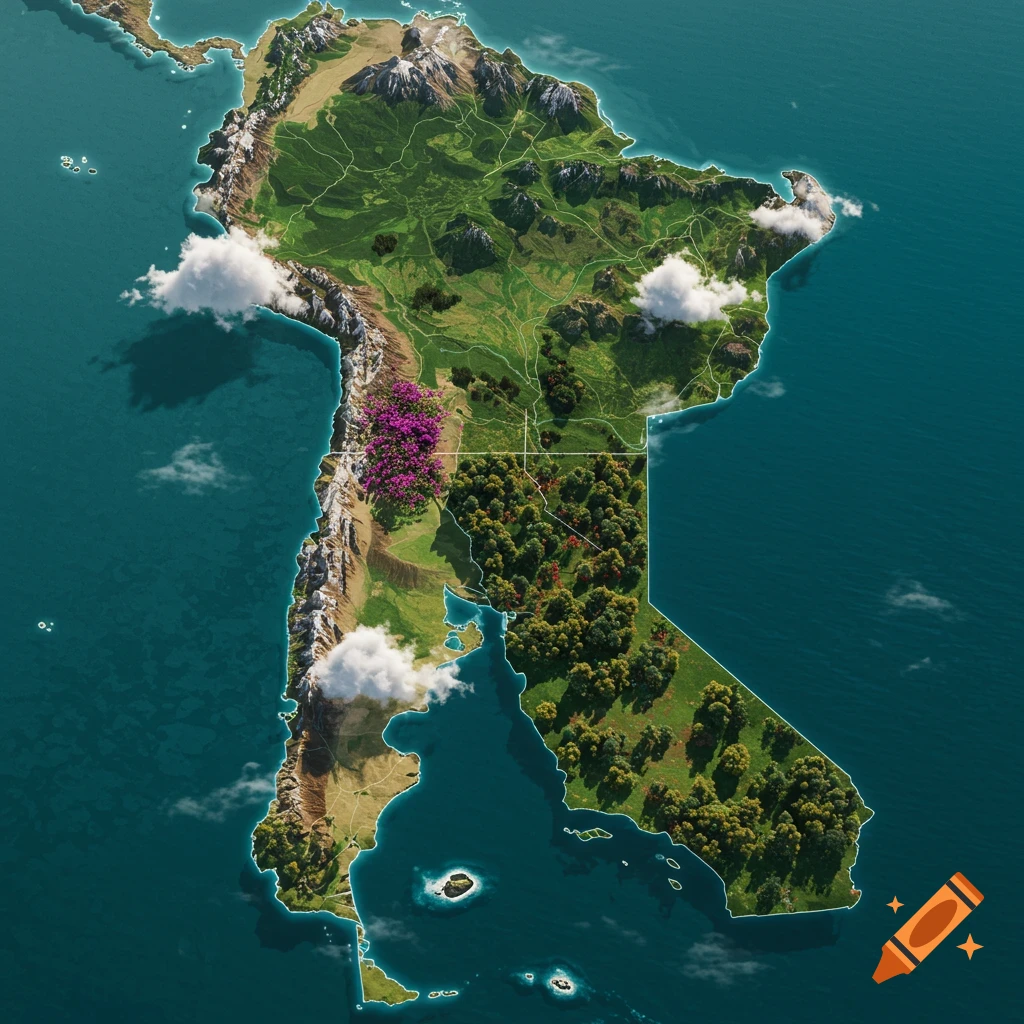 A detailed, realistic map showing a merged landmass of Argentina and California, featuring mountains, forests, and oceans.
