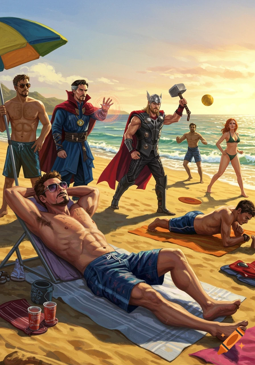 Iron Man, Doctor Strange, and Thor with other heroes relaxing and playing at a sunny beach.
