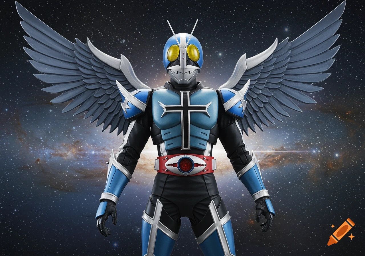 A blue, black, and white winged superhero with yellow eyes and a cross on its chest stands against a starry cosmic background.