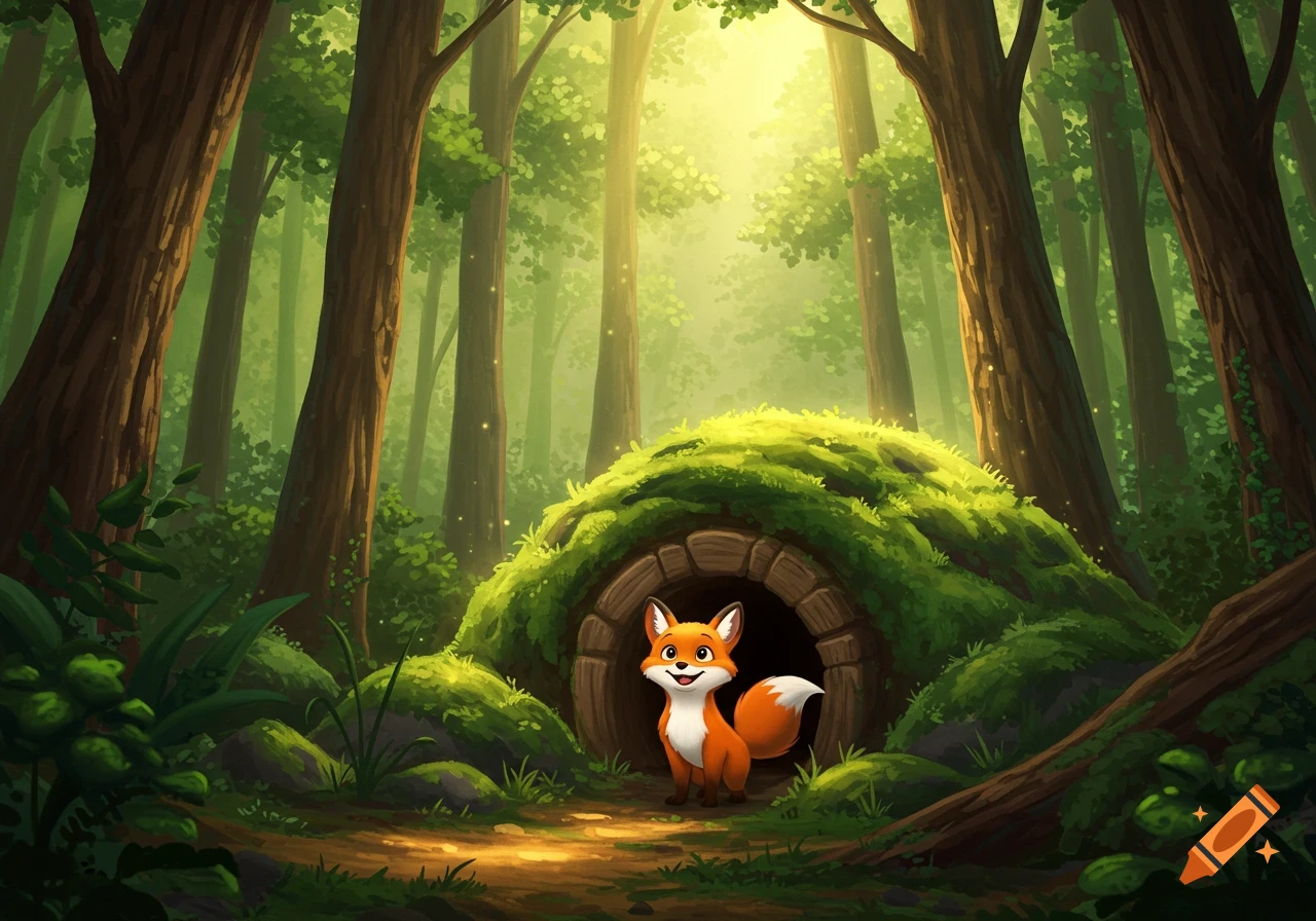 A cheerful cartoon fox stands outside its mossy den in a sunlit forest.