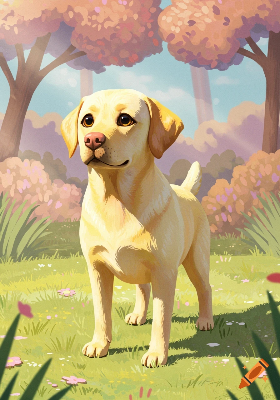 A yellow Labrador stands in a vibrant, stylized meadow with pink-leafed trees, in the distinct Ken Sugimori art style.