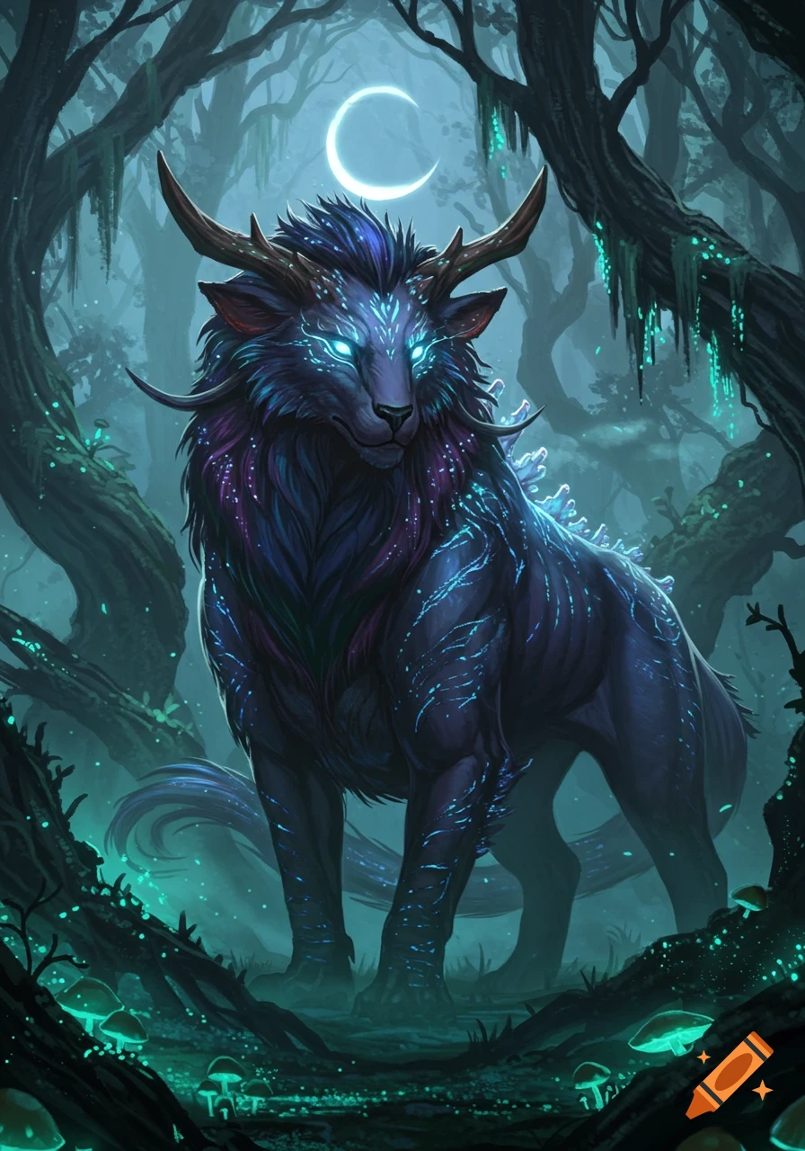 A blue-purple mystical beast with glowing patterns and horns stands in a dark, ethereal forest under a crescent moon.