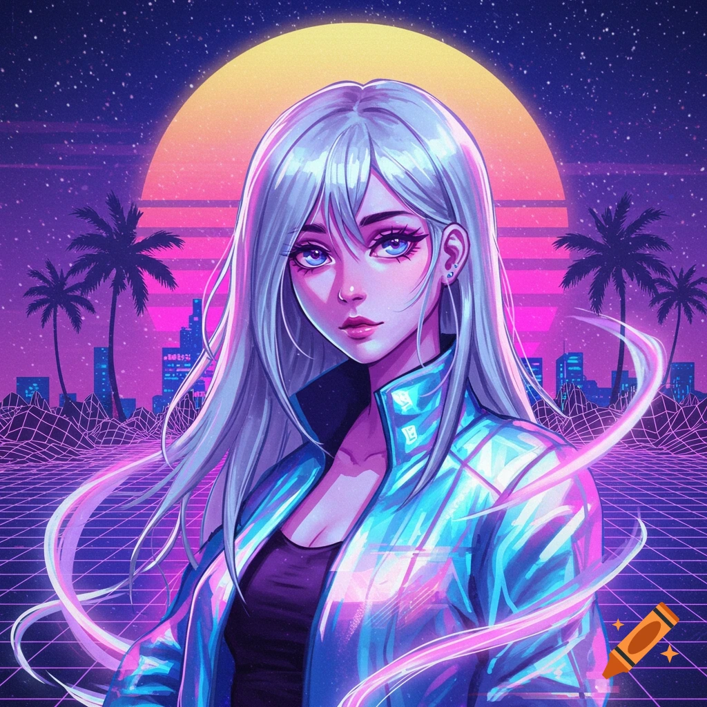 An anime girl with long white hair in a glowing blue jacket stands in a neon vaporwave landscape with a large sunset and grid.
