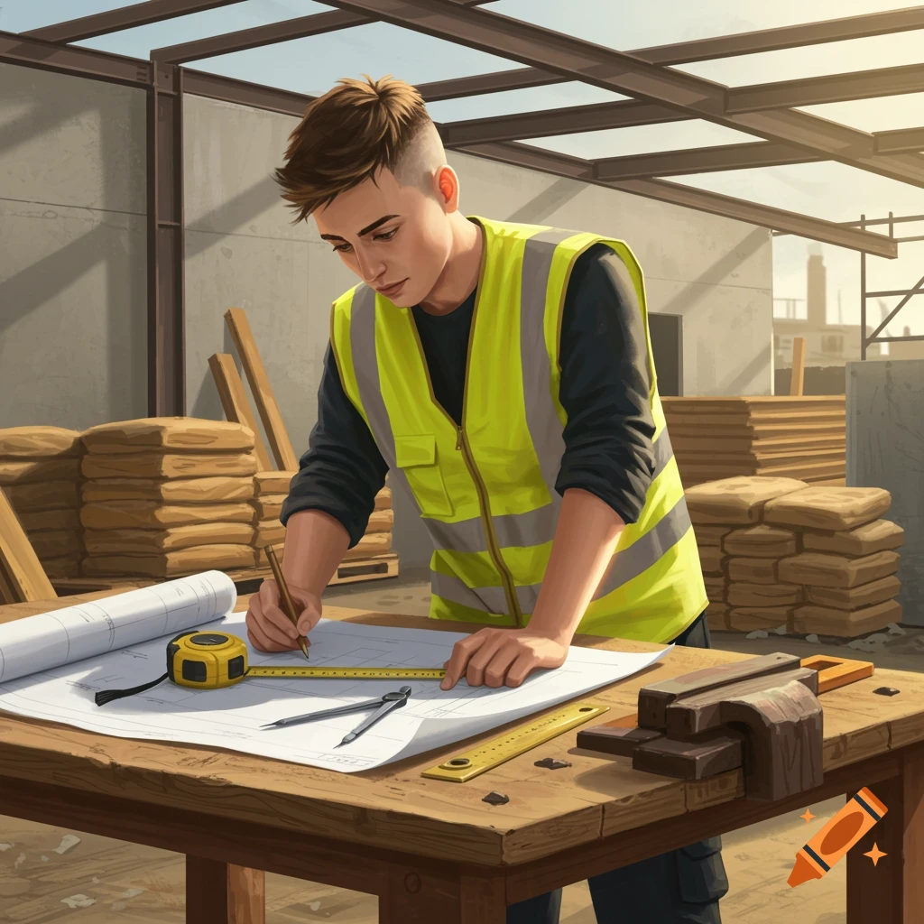 A young construction worker in a yellow safety vest measures blueprints on a workbench at a construction site.