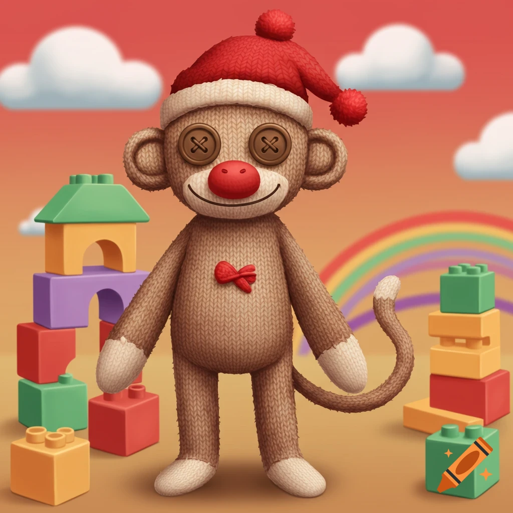 A cartoon sock monkey wearing a red Santa hat stands among colorful building blocks under a sky with clouds and a rainbow.