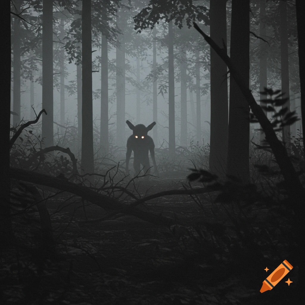 A silhouetted, big-eared creature with glowing eyes stands in a dark, misty forest. Photorealistic and eerie.