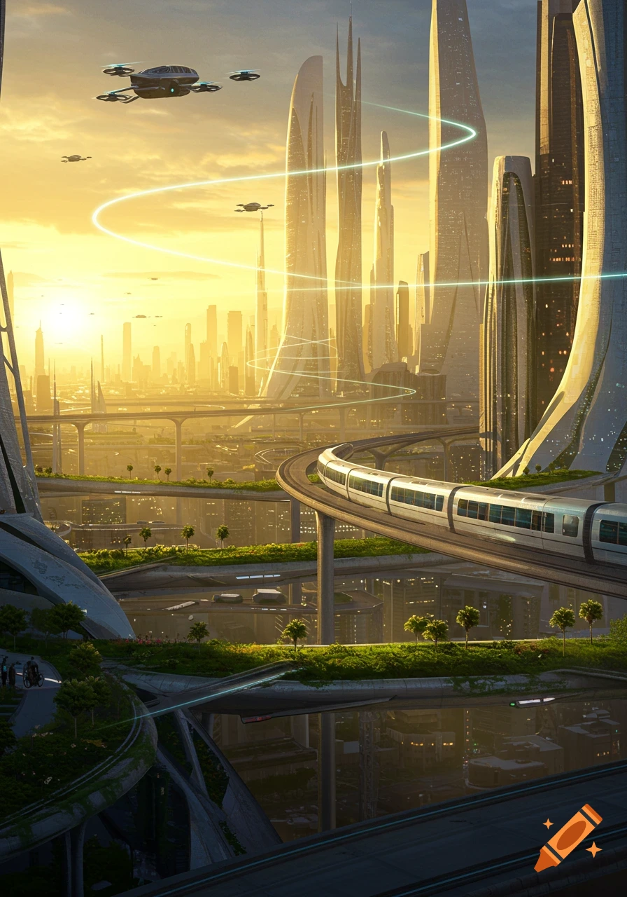 A vibrant, futuristic cityscape at sunrise, with towering, modern buildings, elevated trains, and flying vehicles under a golden sky.