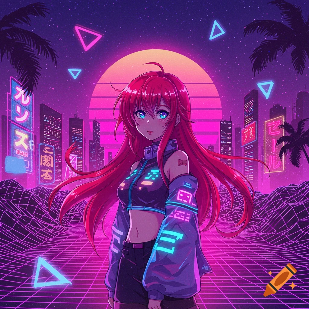 An anime girl with long red hair and blue eyes stands in a vaporwave city with neon lights, a grid ground, and a large sunset.