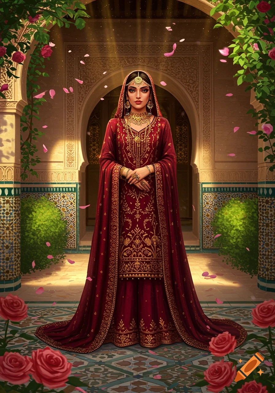 A woman in a vibrant red and gold traditional dress stands gracefully in an ornate archway adorned with roses and foliage.