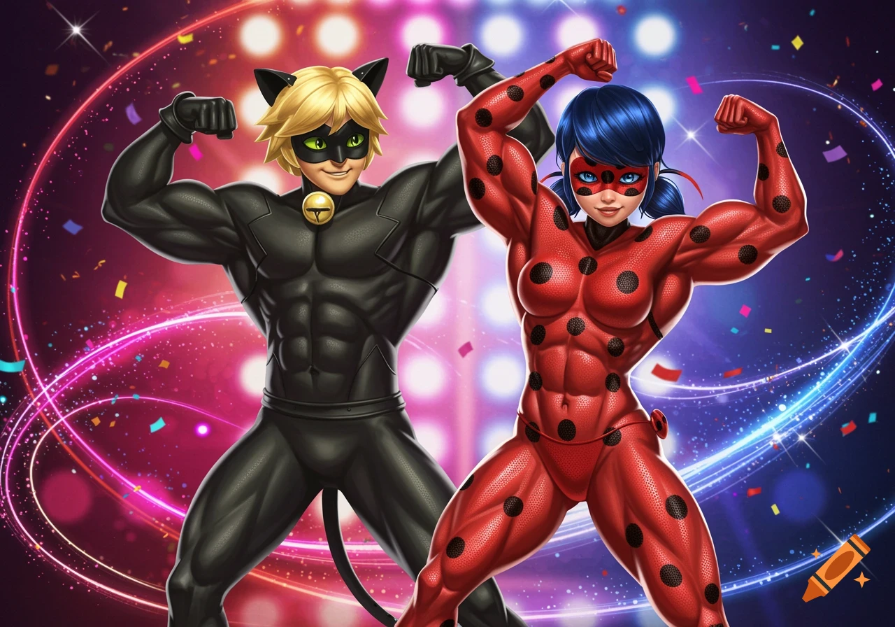 Muscular Ladybug and Cat Noir flexing in their superhero costumes amidst a vibrant, confetti-filled backdrop.