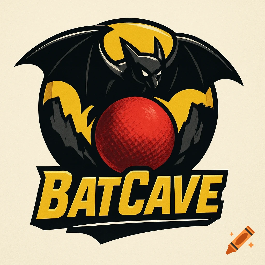 A stylized black bat logo with outstretched wings over a red golf ball, with the text 'BATCAVE' below.