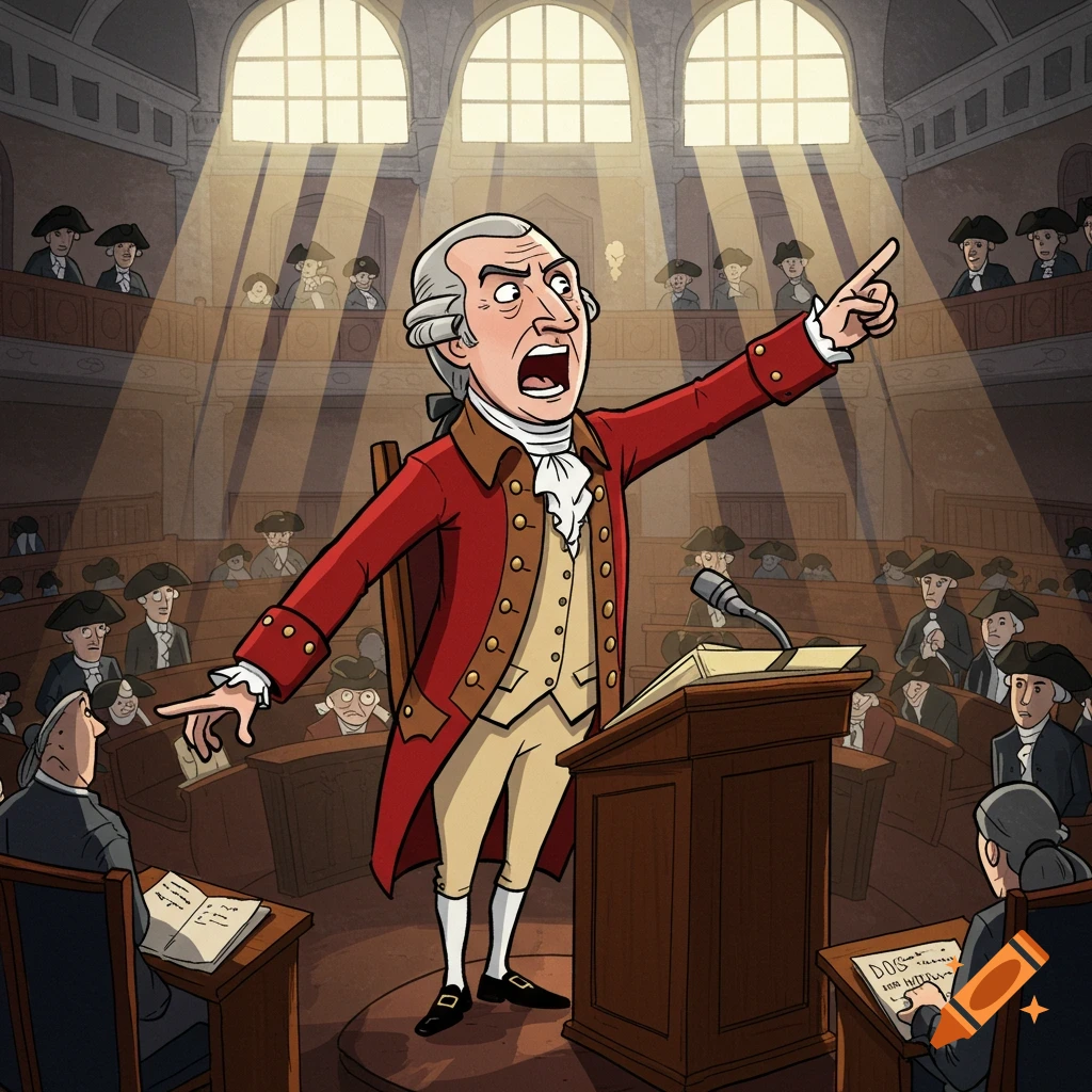 Cartoon depiction of Patrick Henry speaking dramatically at a podium in a crowded assembly hall.