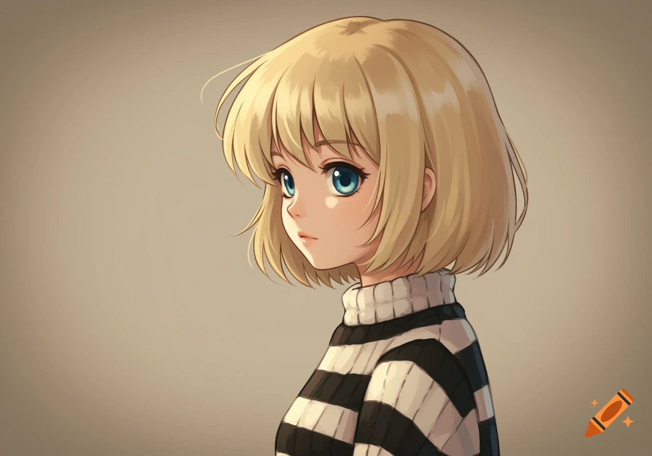 A blonde short-haired anime girl with blue eyes wears a black and white striped sweater in an old anime style, looking to the side.