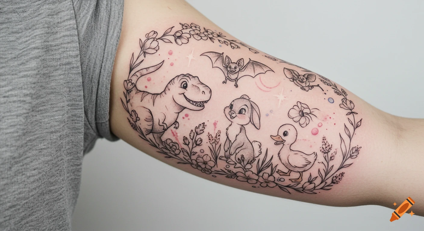 A black and grey outline tattoo on an arm featuring a Disney-inspired nature scene with a T-Rex, bunny, bat, and duckling surrounded by flowers and vines.