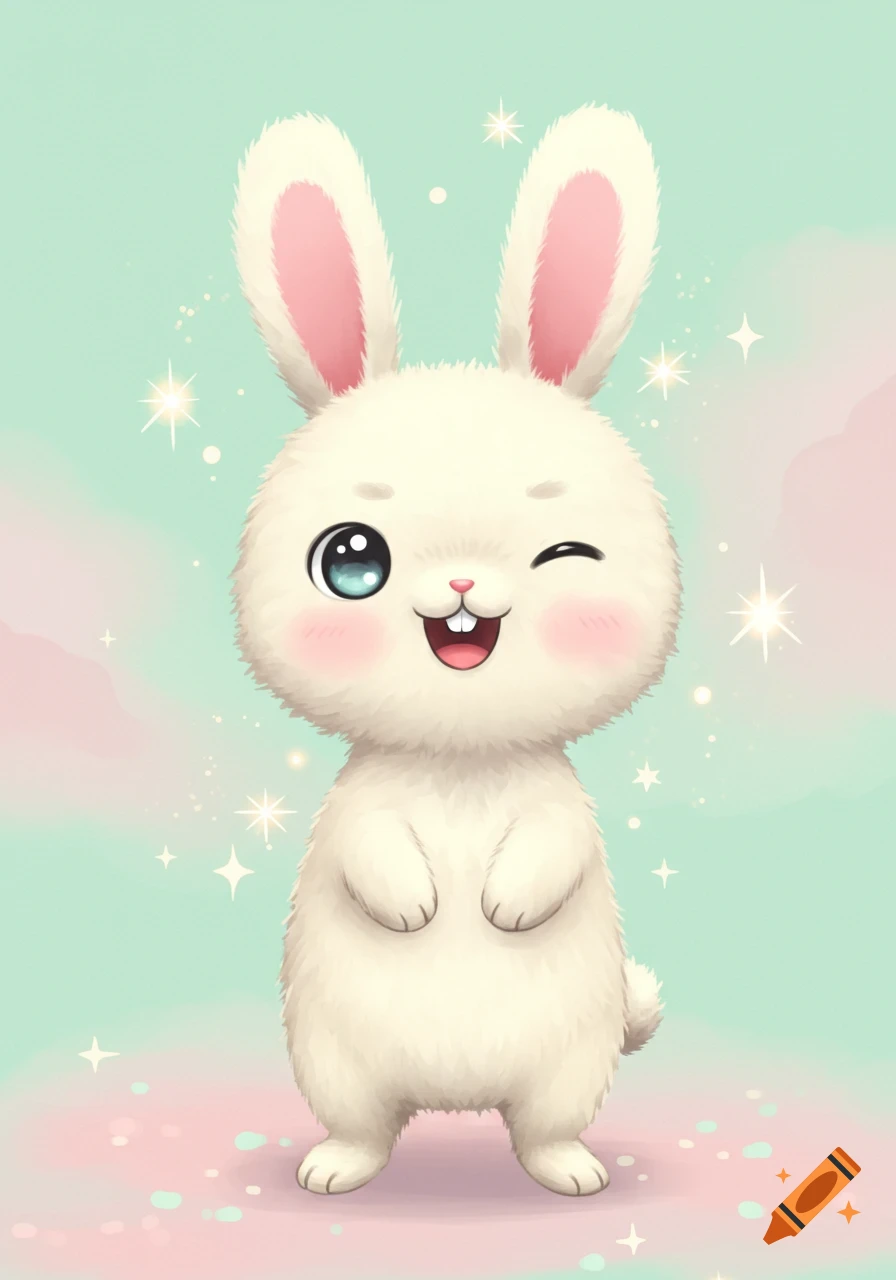 A cute white cartoon bunny with big blue eyes winks and smiles, standing on a sparkling pastel pink and mint green background.