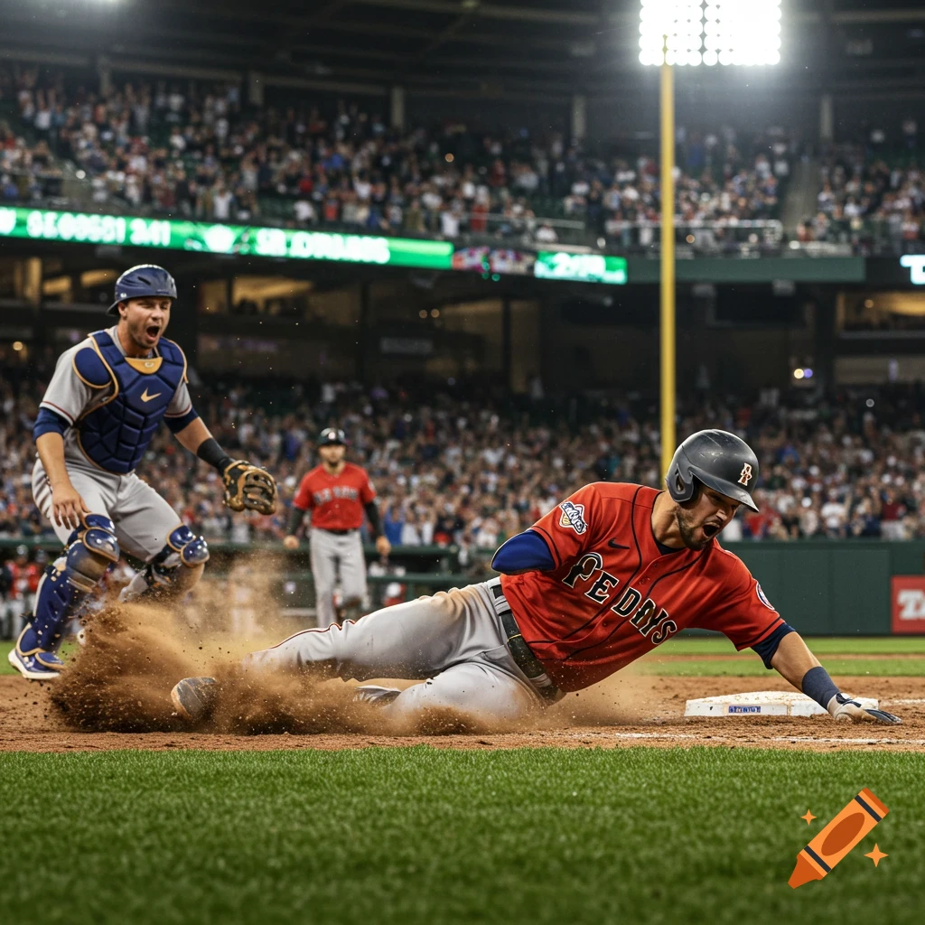 A baseball player slides headfirst into home plate, kicking up a cloud of dirt, as a catcher looks on during a night game.