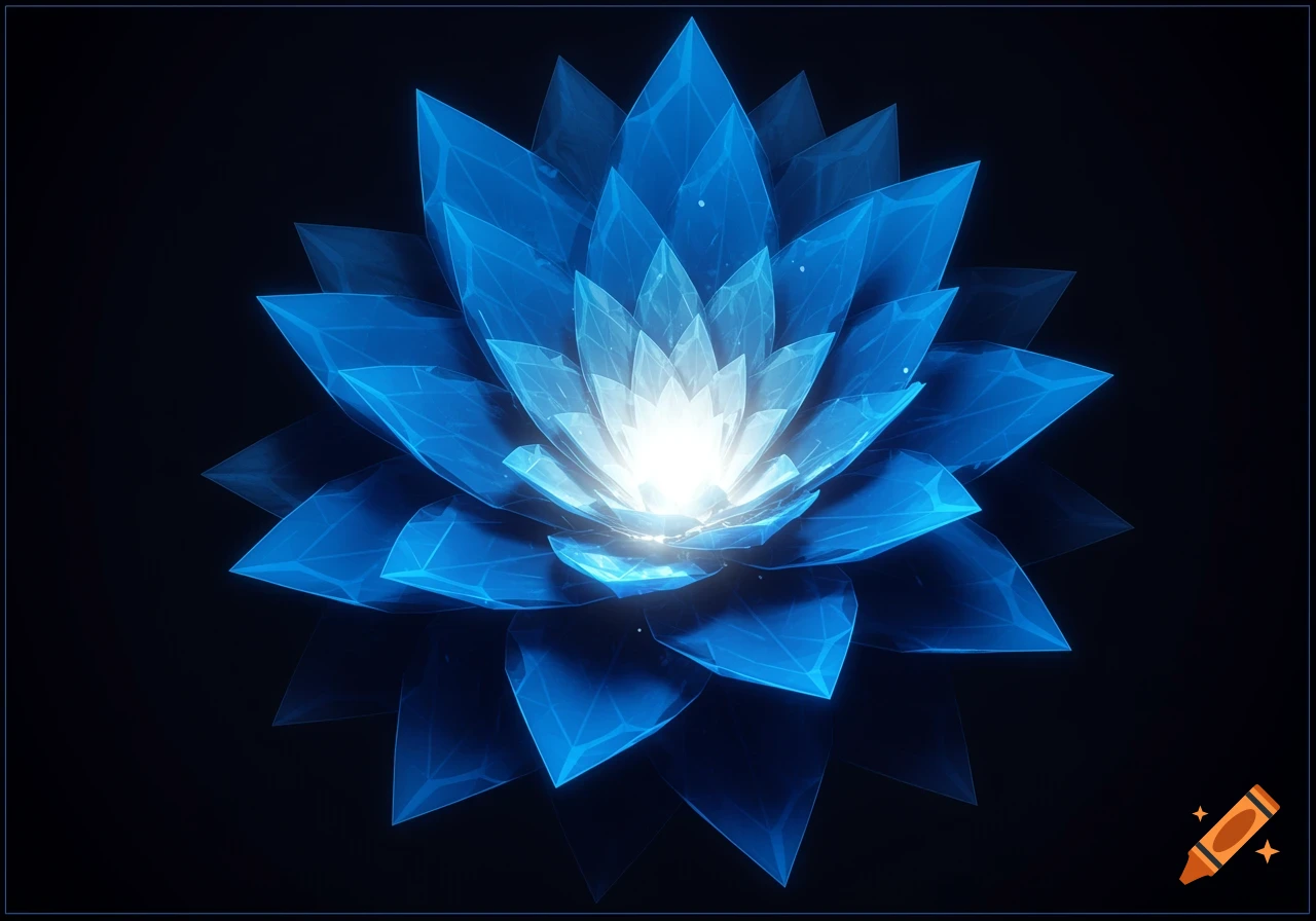 A vibrant blue abstract geometric flower with sharp, crystalline petals and a bright glowing white center, set against a dark background.