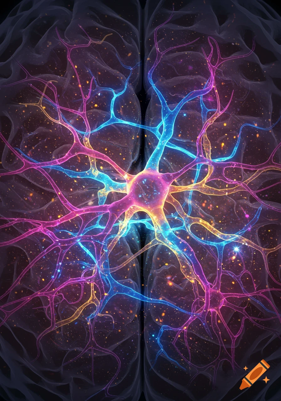 A colorful, glowing network of neurons and synapses within a translucent brain, surrounded by sparkling particles.