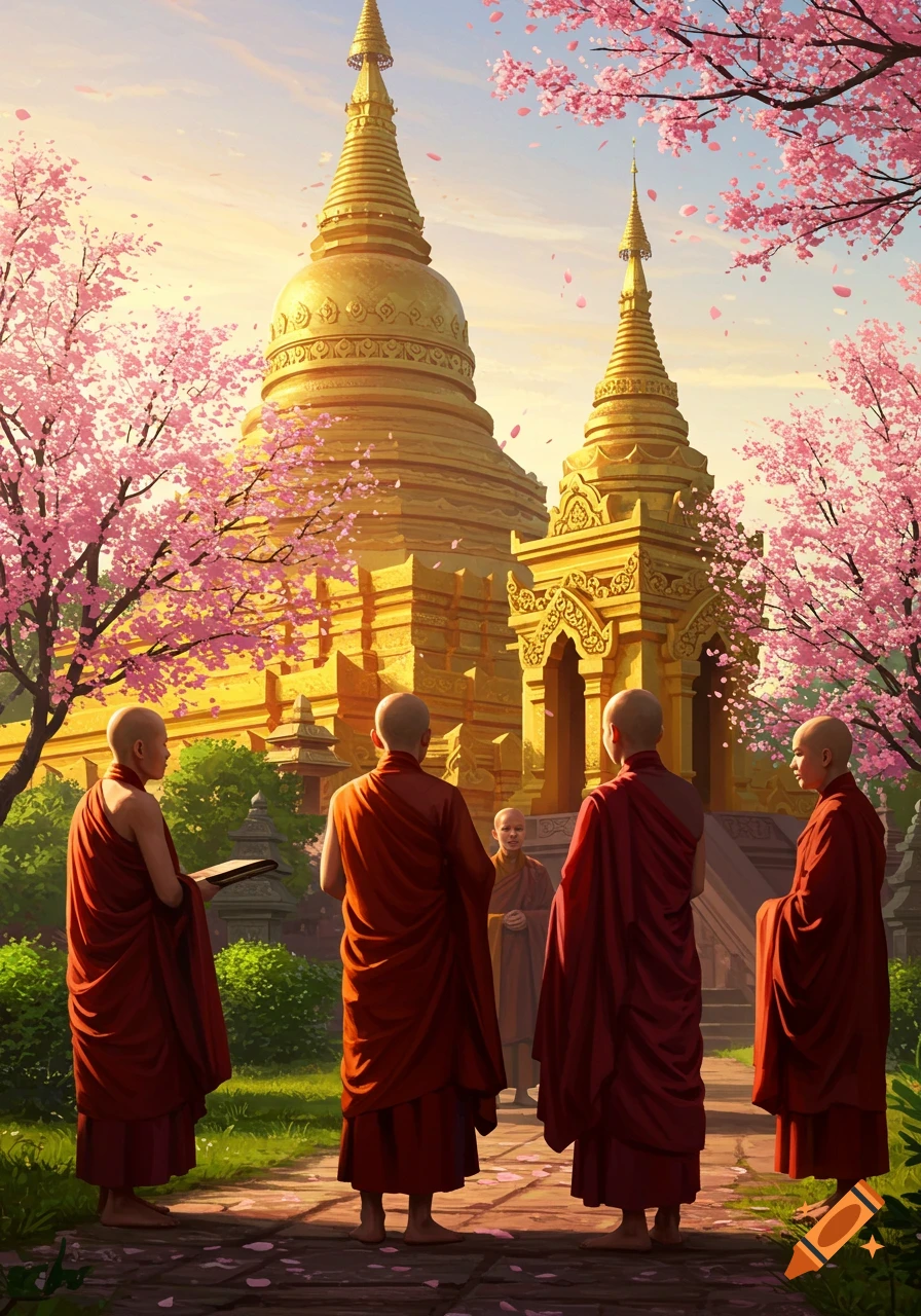 Four Buddhist monks in red robes face golden pagodas and pink cherry trees under a soft sky, digital art.